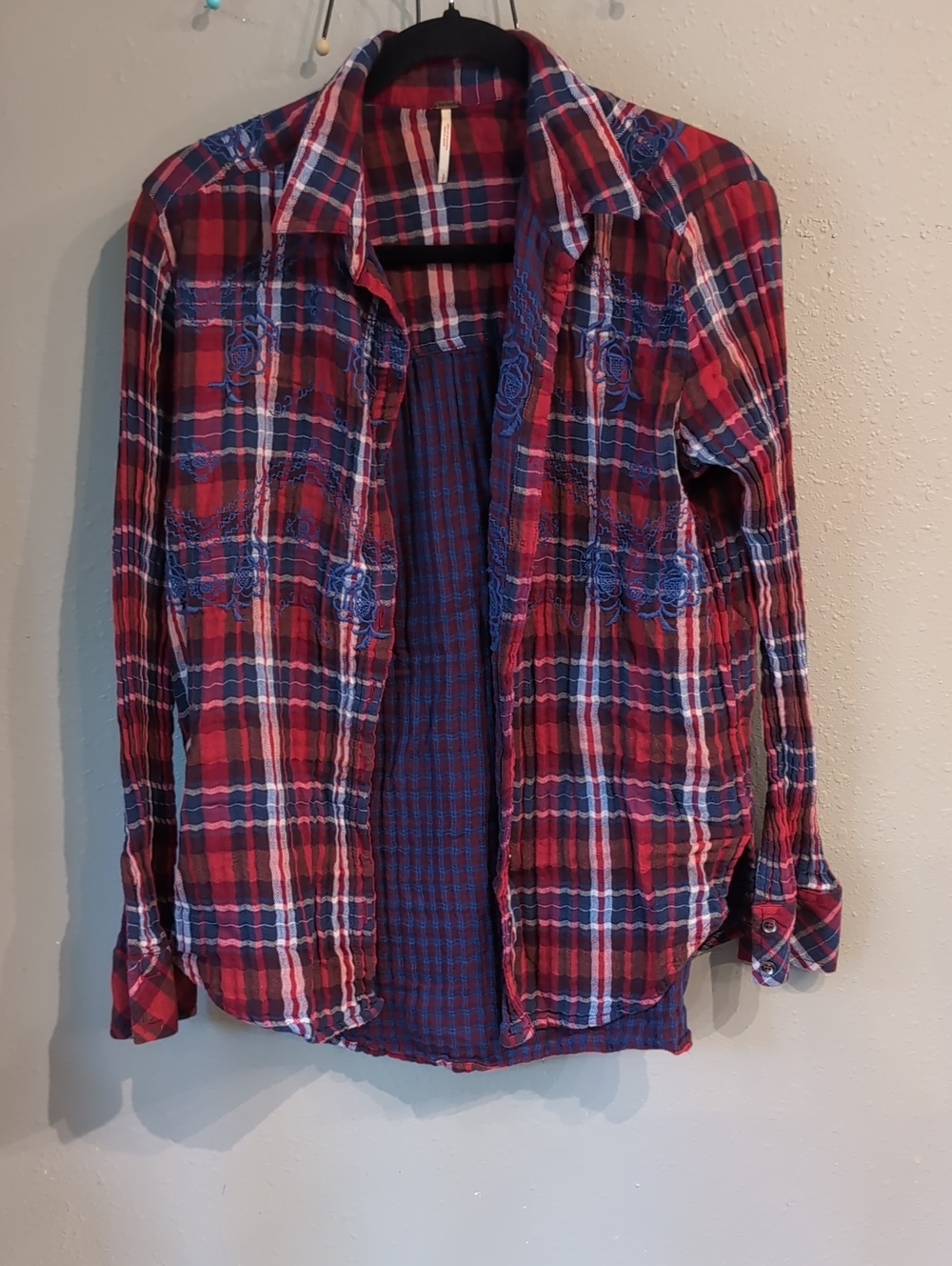 Free People Red and Blue Plaid Embroidered RoseWomen's Flannel Button-Down Shirt